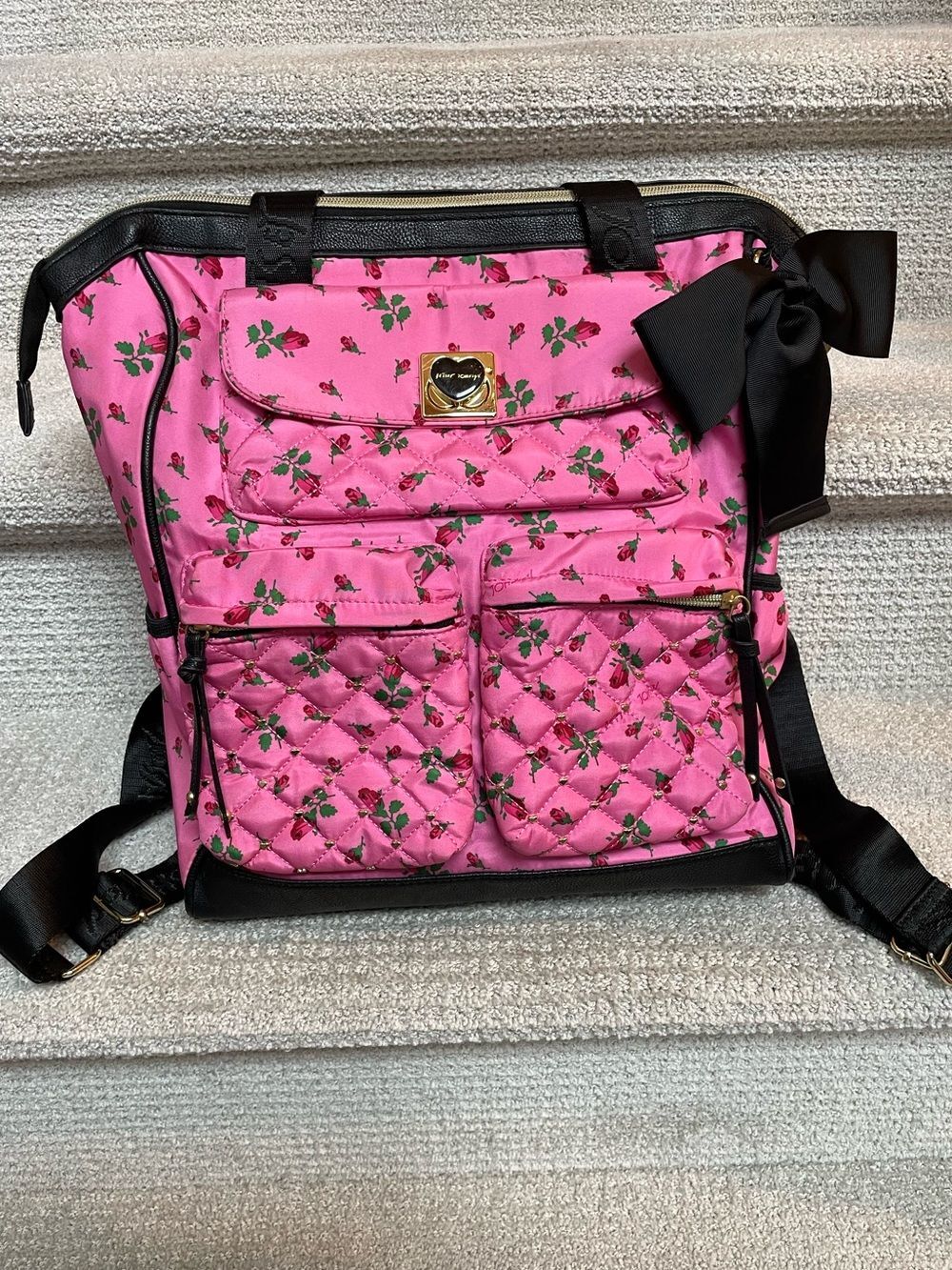 Luv Betsey by Betsey Johnson Pink Floral Quilted Backpack with Black Bow 2010’s